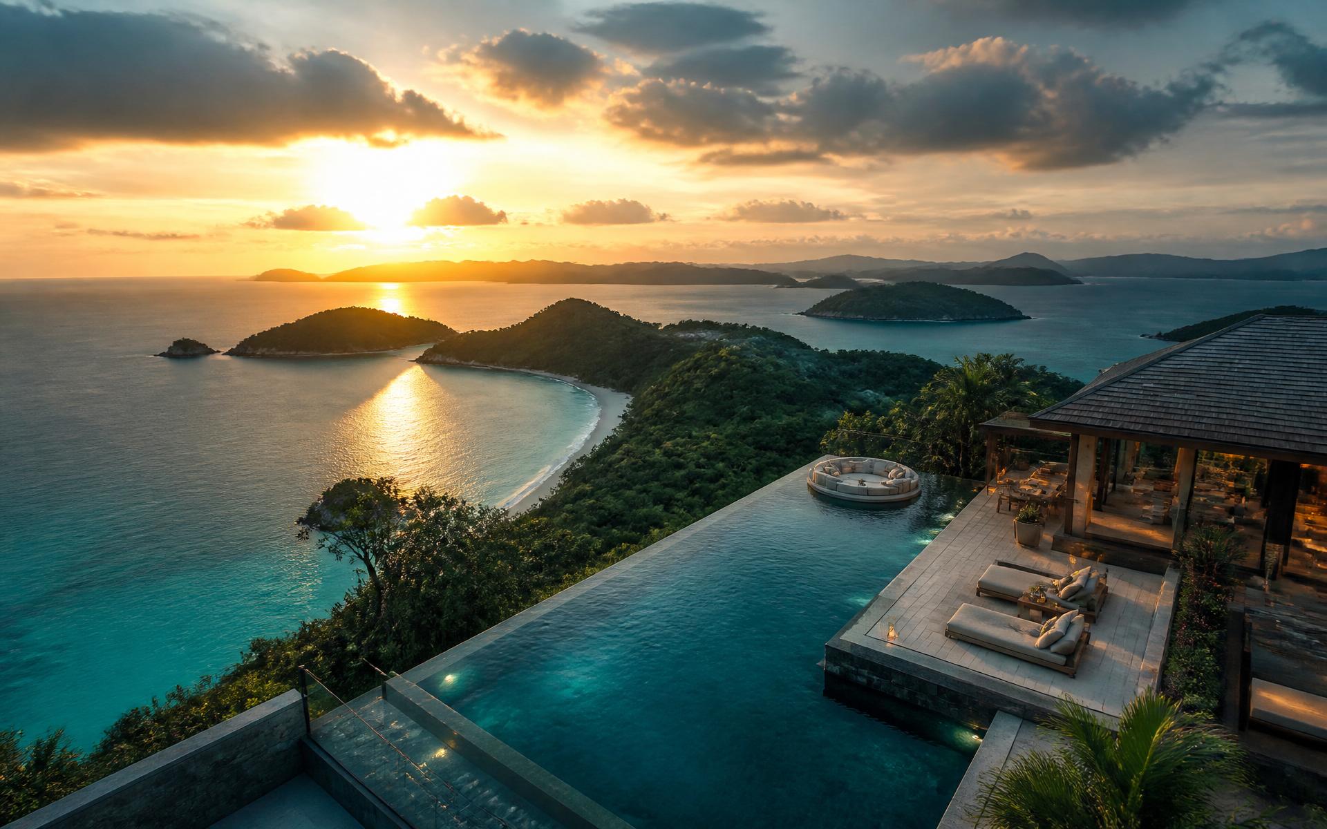 Luxury clifftop resort overlooking a turquoise bay at sunset